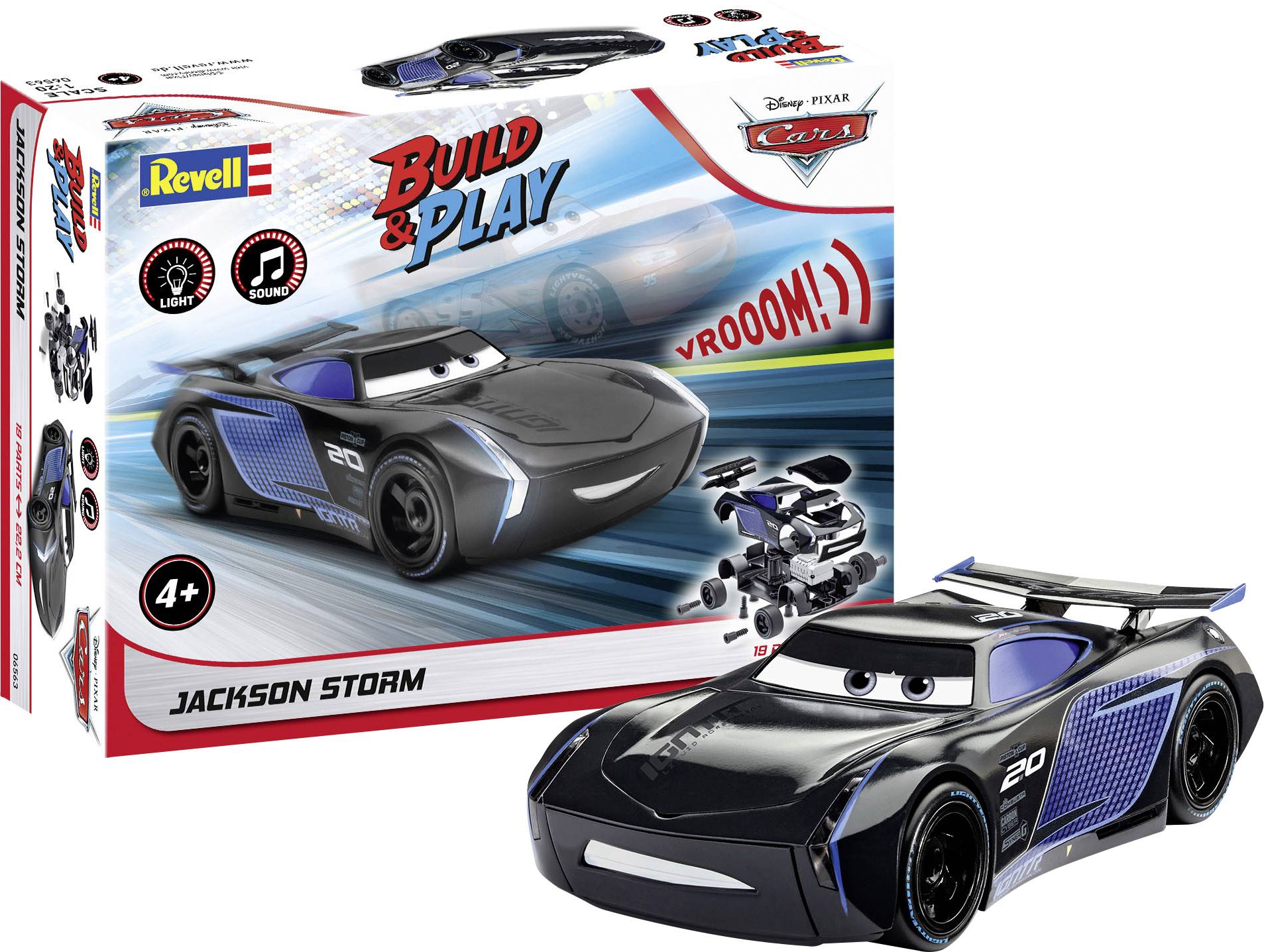 Een zwarte speelgoed racewagen uit de film 'Cars', naast zijn verpakking in een doos. De verpakking toont de kenmerken van de auto en de tekst 'Bouwen & Spelen'.