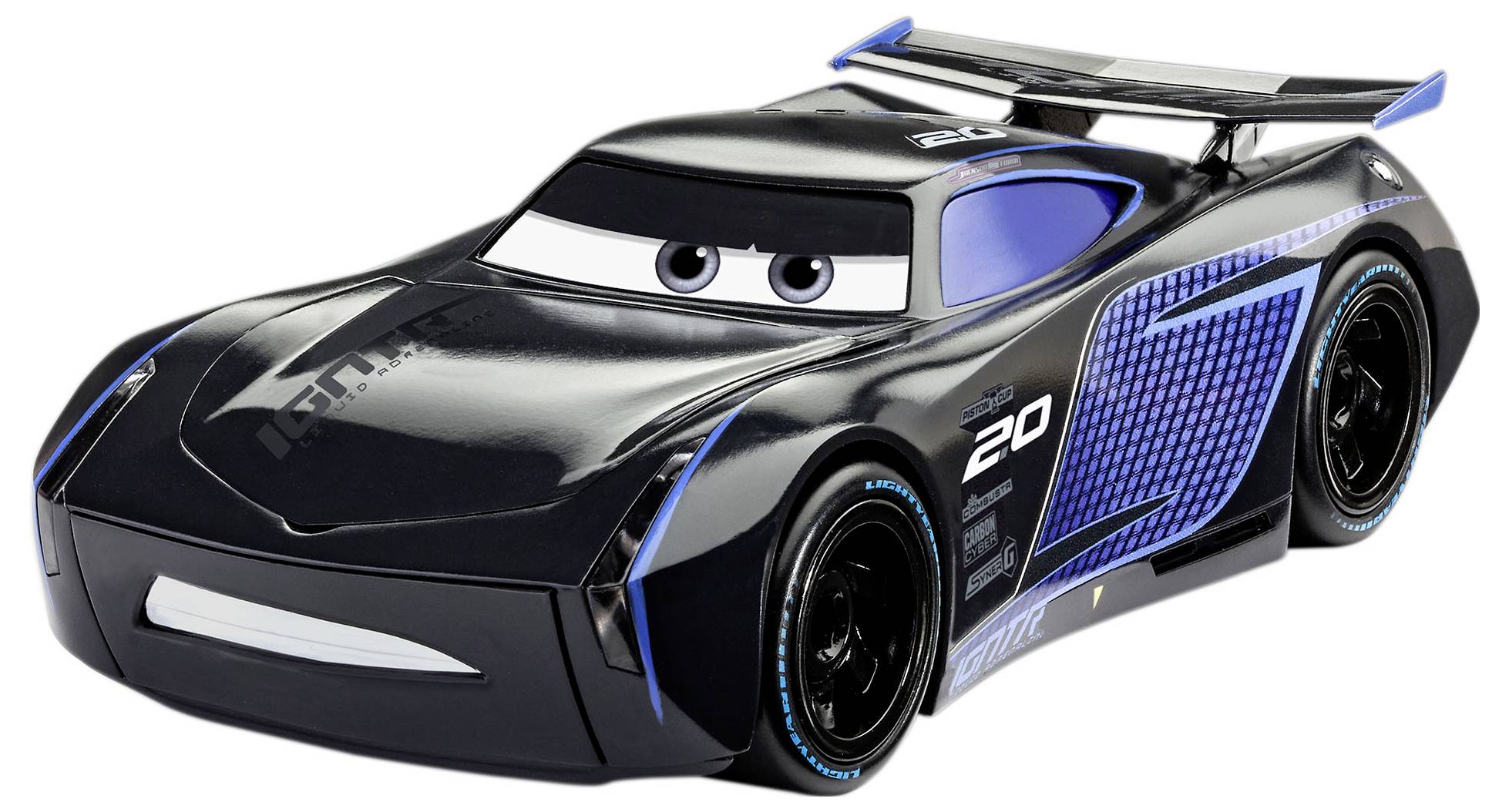 Een slanke zwarte speelgoed racewagen met blauwe accenten, grote ogen op de voorruit, en het nummer '20' aan de zijkant, ontworpen voor snelheid.