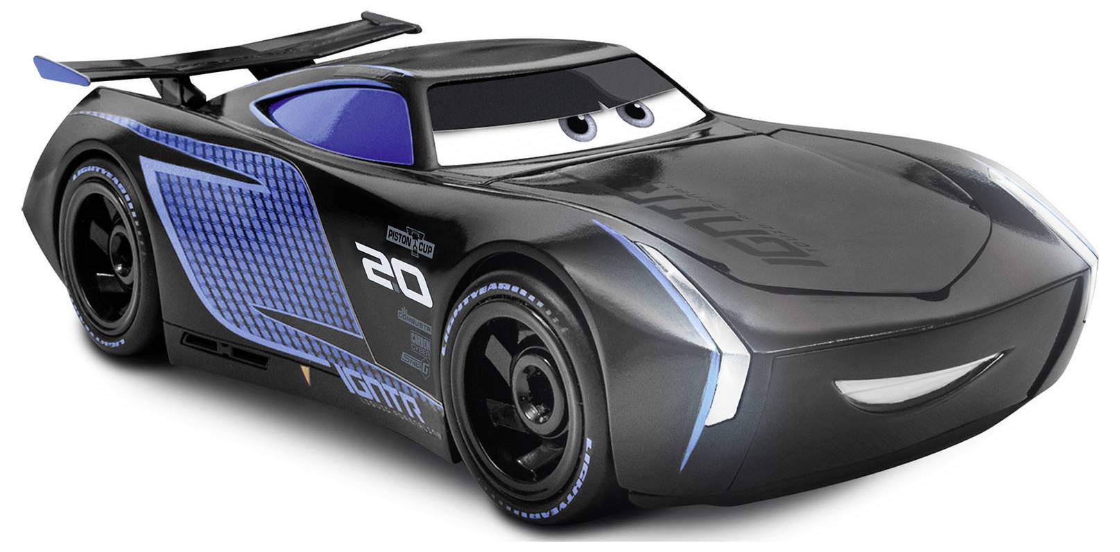 Een strak, zwart geanimeerd racewagen met blauwe accenten en het nummer '20' aan de zijkant, met een vastberaden uitdrukking.