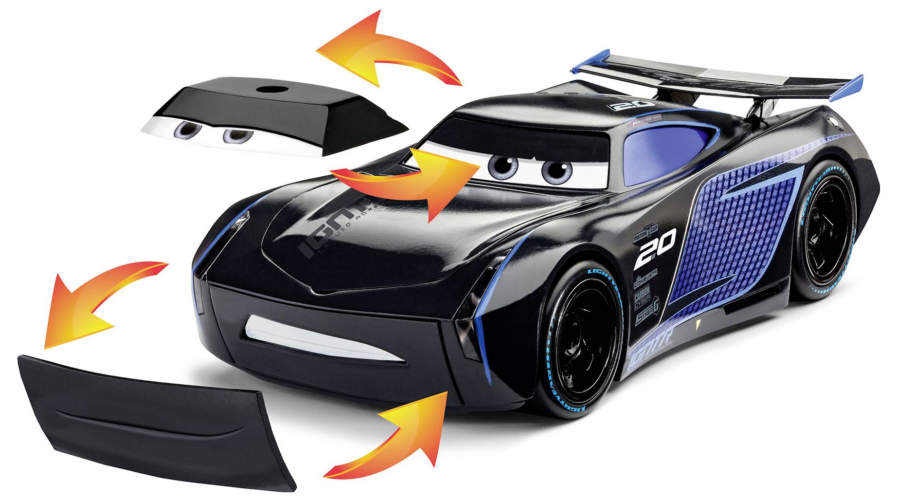 Een strakke zwarte speelgoed raceauto met een spoiler, gekenmerkt door zijn aanpasbare onderdelen met pijlen die wijzen naar een afneembaar voorpaneel en ogen.