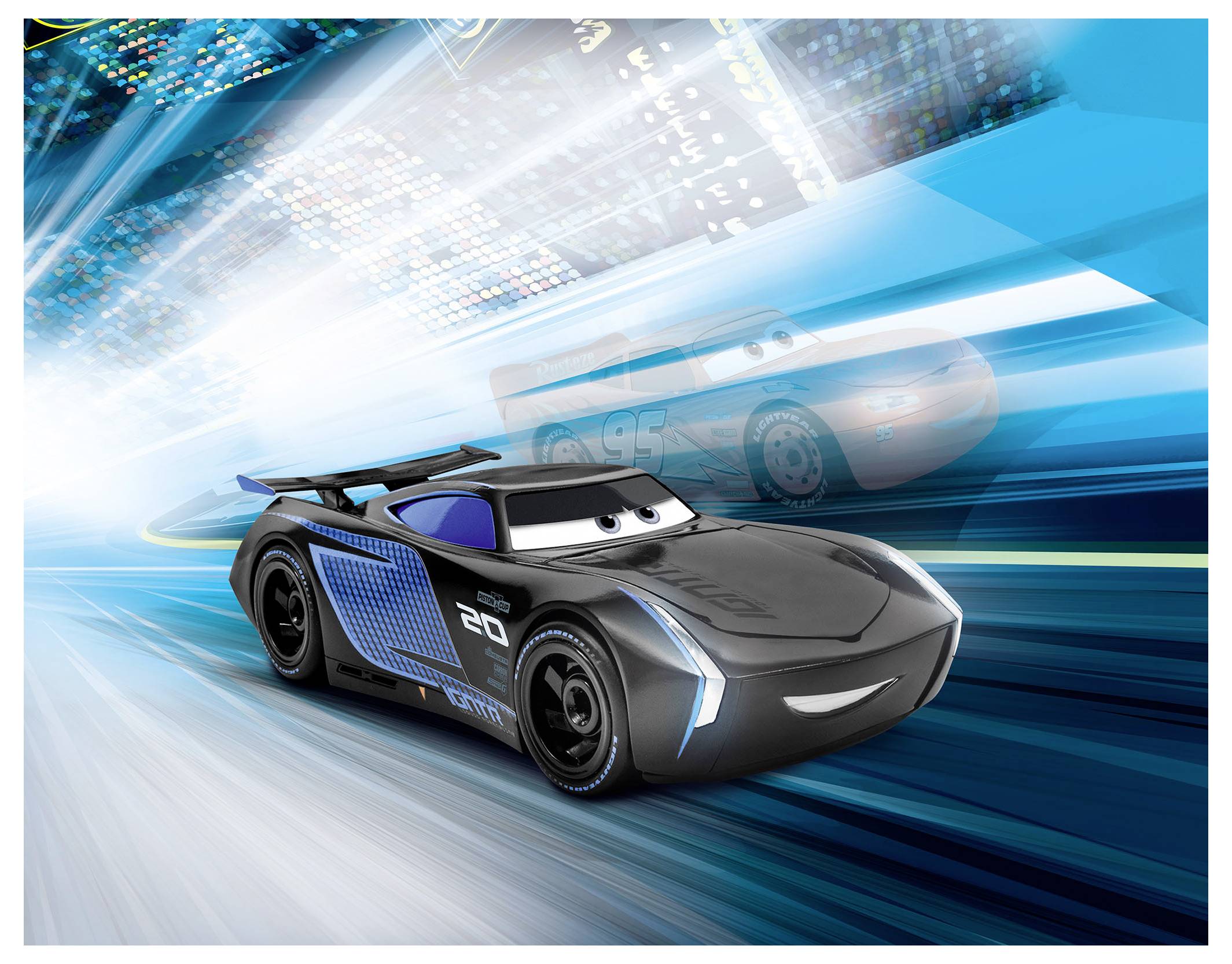 Een slanke, zwarte geanimeerde racewagen scheurt langs een levendige, futuristische baan, waarbij de vervagen beweging een hoge snelheid aangeeft in een dynamische scène.
