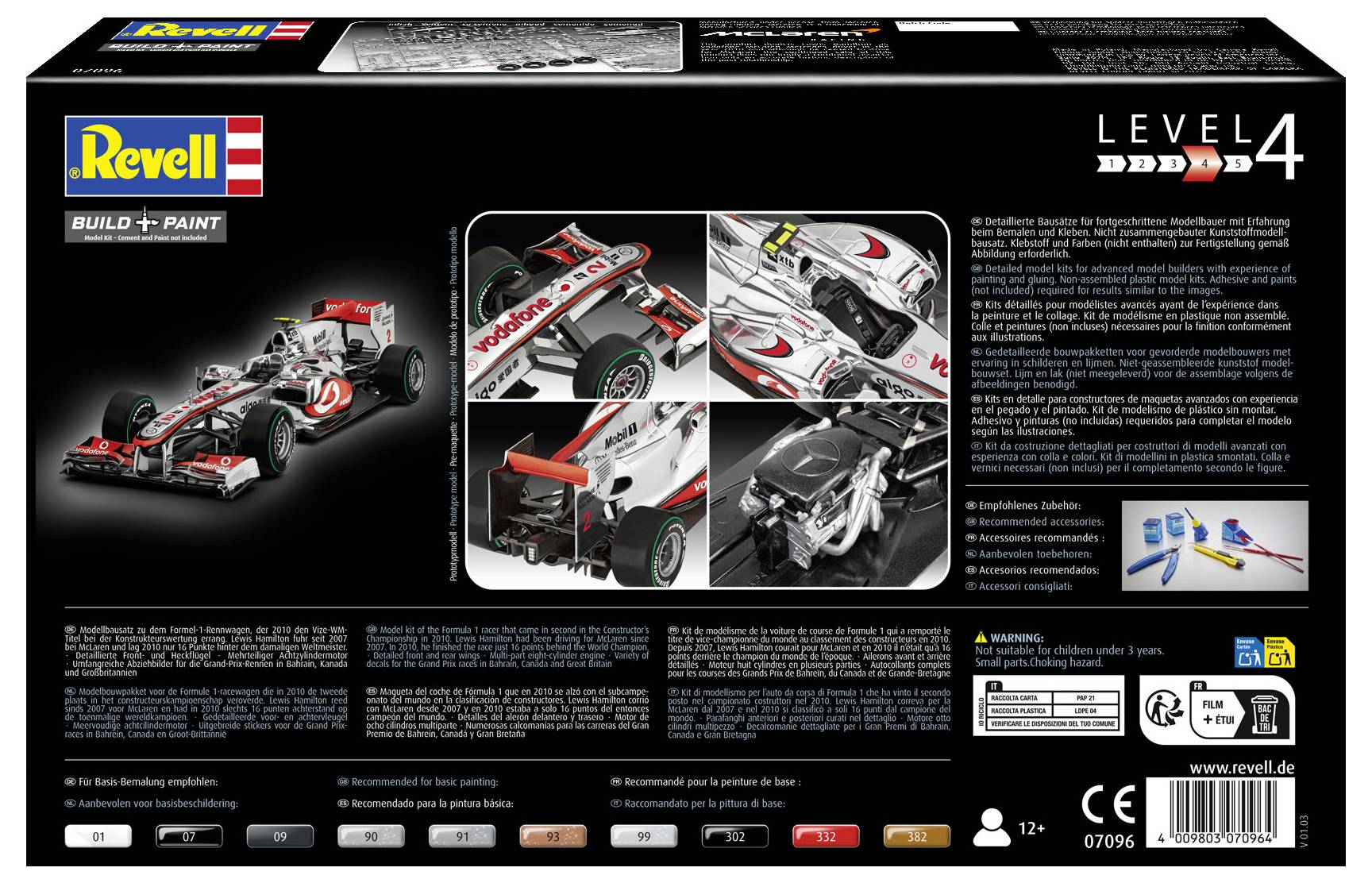 'Revell Bouwen + Schilderen Niveau 4 modelbouwdoos met een gedetailleerde racewagen-afbeelding, vier close-upfoto's van auto-onderdelen en verfset-illustraties.'