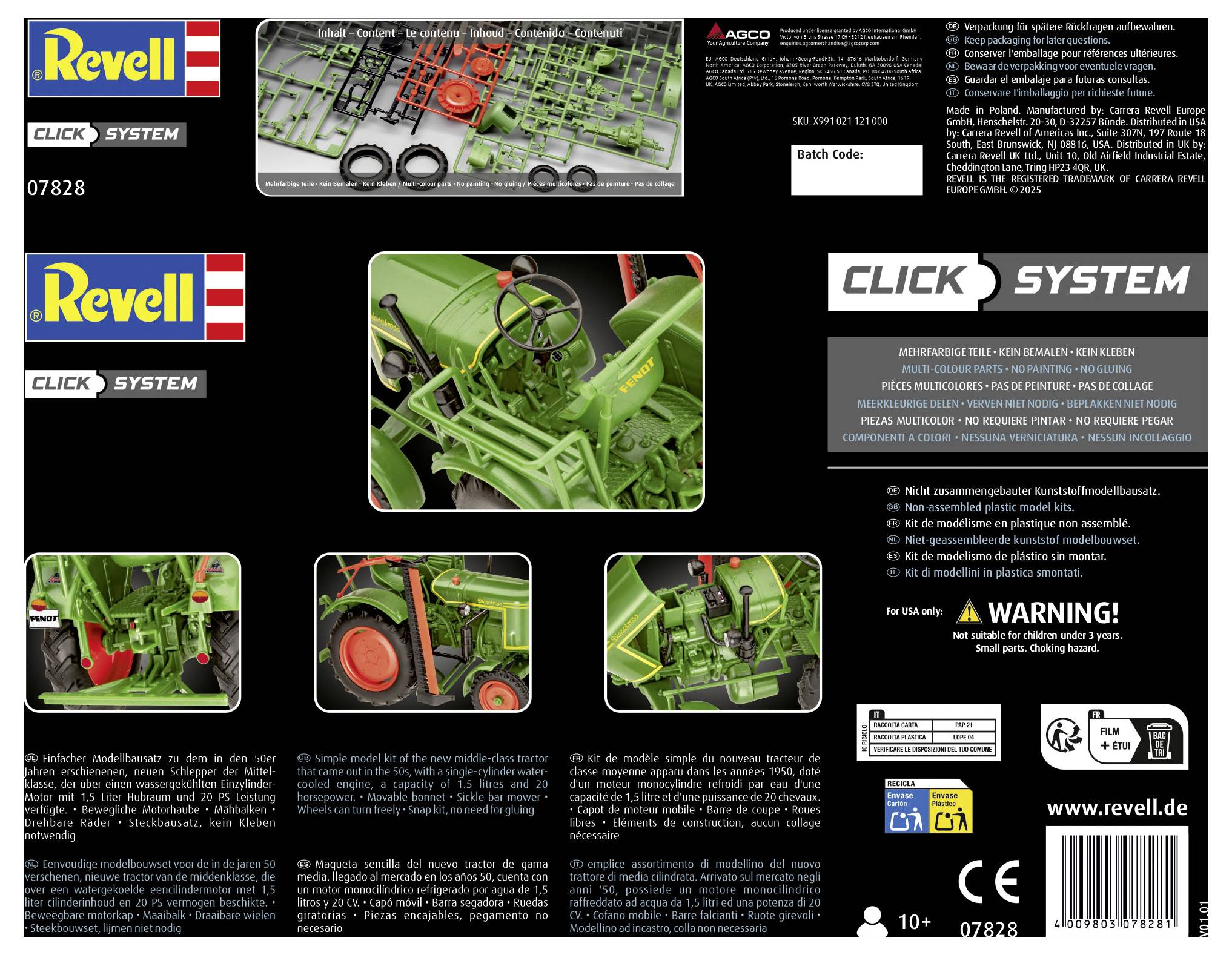 'Revell Click System' modelbouwdoos toont montage-instructies en veiligheidswaarschuwingen. Bevat afbeeldingen van een groene tractor. Geschikt voor leeftijd 10+.