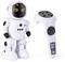 Een kleine witte robot met zwarte details en een gepikselde gezicht staat naast een witte afstandsbediening met meerdere knoppen.