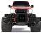 Een rode en zwarte speelgoed monstertruck met grote banden en verhoogde vering, gezien van voren, waarbij de robuuste ontwerpelementen worden benadrukt.
