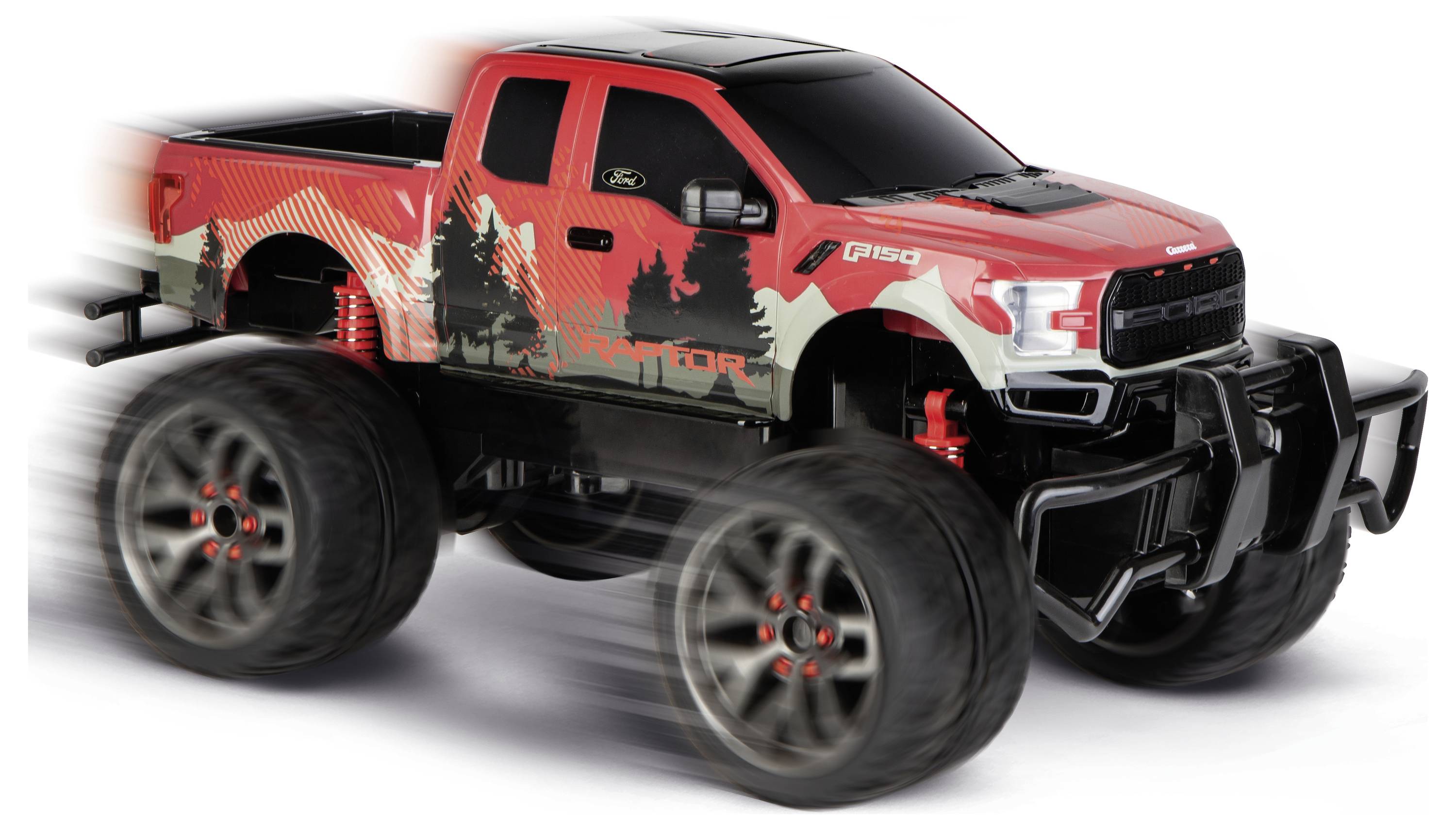 Een rode en zwarte op afstand bestuurbare terreinwagen met oversized banden, ontworpen om een Ford F-150 model na tebootsen, in beweging getoond.