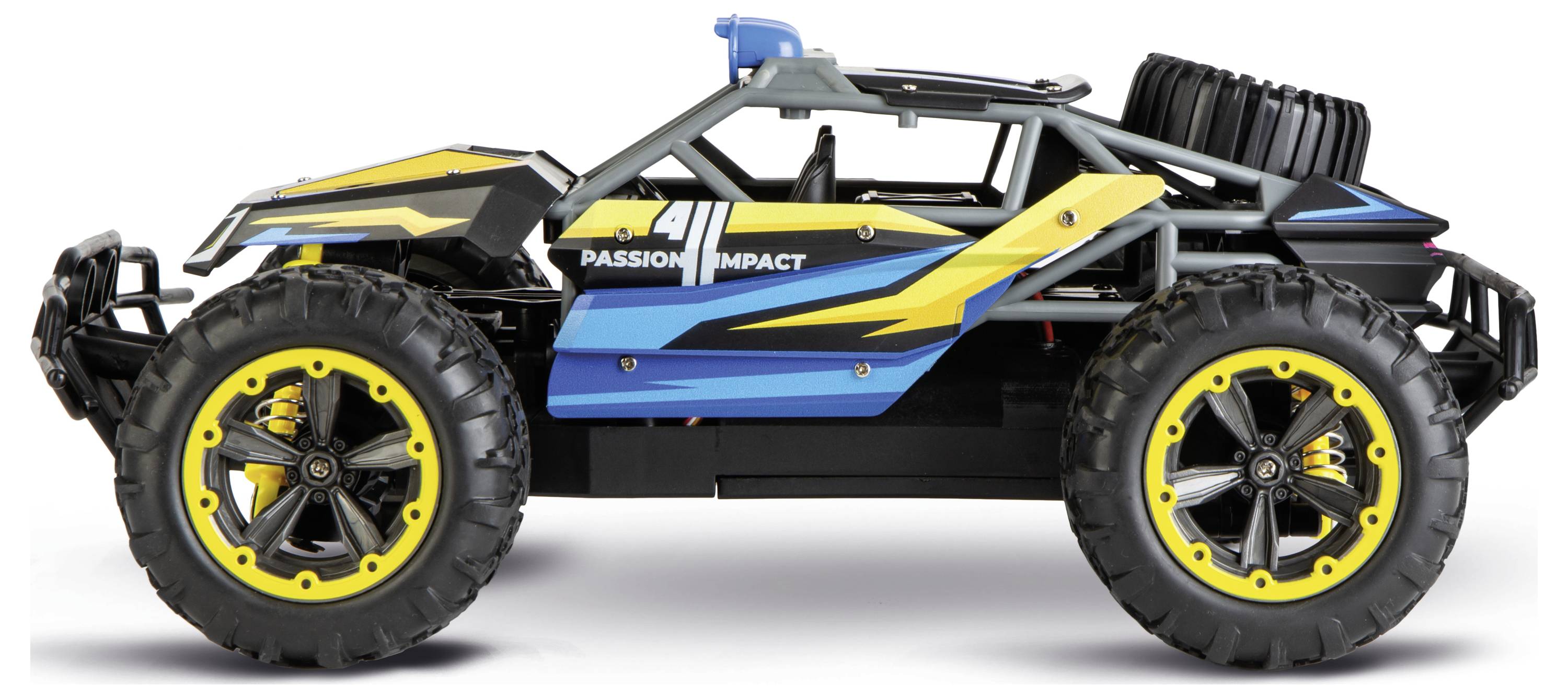 Een speelgoedauto met grote geel gerandde wielen, een blauw en gele carrosserie, met de woorden 'Passion Impact' op de zijkant, gezien van opzij.