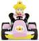 Een tekenfilmfiguur met geel haar en een roze kroon bestuurt een roze en zwarte go-kart met een kroonembleem op de voorkant.
