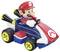 Een speelgoed go-kart met een figuur in een rode pet en blauwe overall, met gele wielen en een logo op de voorkant.