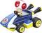 Een speelgoed go-kart met een blauwe carrosserie en gele wielen, met een bestuurder die een personage voorstelt met een rode en witte paddenstoelmuts.