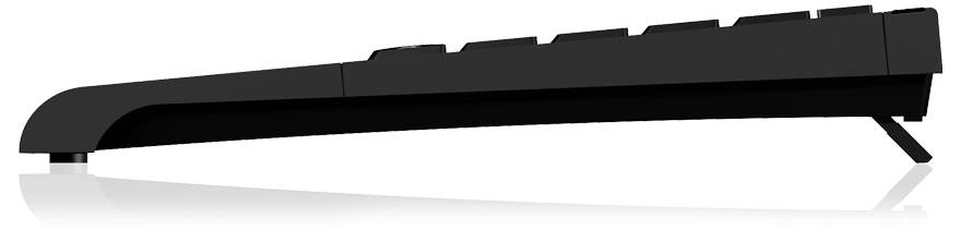 Een laag-profileerde zijaanzicht van een zwart computertoetsenbord met verstelbare achterpoten voor ergonomisch typen.