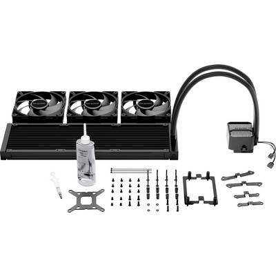 'AIO vloeistofkoelsysteem met driedubbele radiator en ventilatoren, een pomp, verschillende bevestingsbeugels, schroeven, een spuit en tube thermische pasta inbegrepen.'