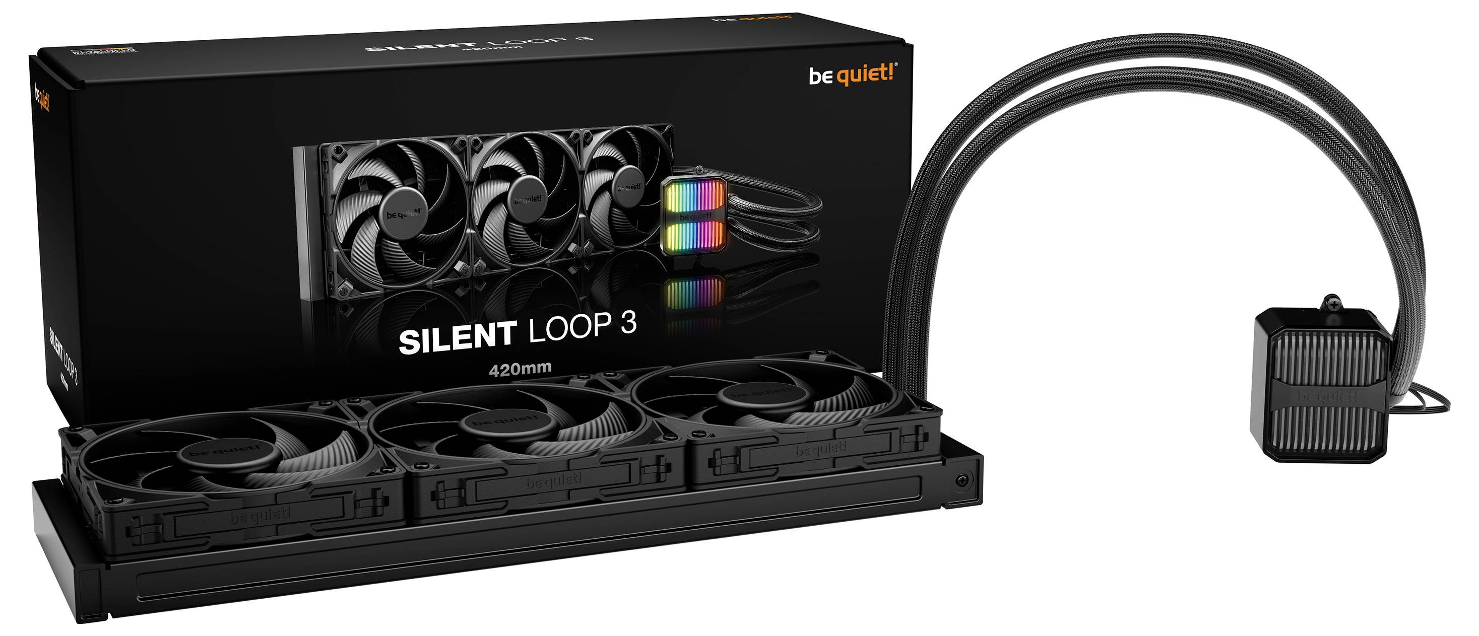 'Wees stil! Silent Loop 3 420mm' CPU-koeler met drie ventilatoren en dubbele slangaansluitingen, ontworpen voor PC-koeloplossingen.