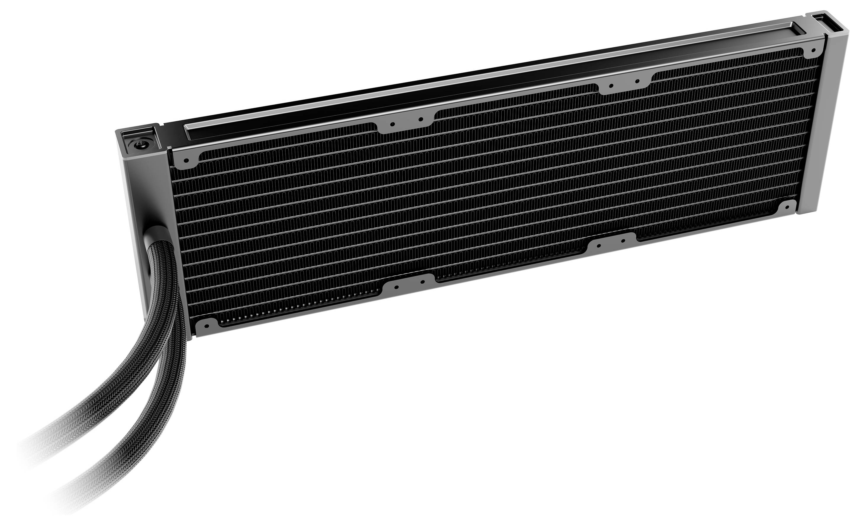 Een strakke zwarte computer liquid cooling radiator met aangesloten slangen, ontworpen voor efficiënte warmteafvoer van pc-componenten.