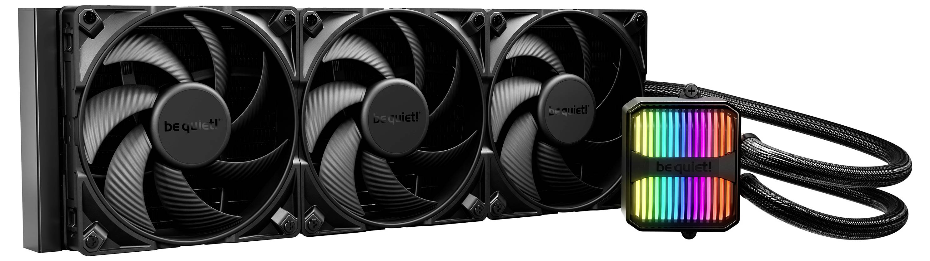 Een zwart vloeistofkoelsysteem met drie grote fans en een kleurrijk RGB-verlicht processorblok.