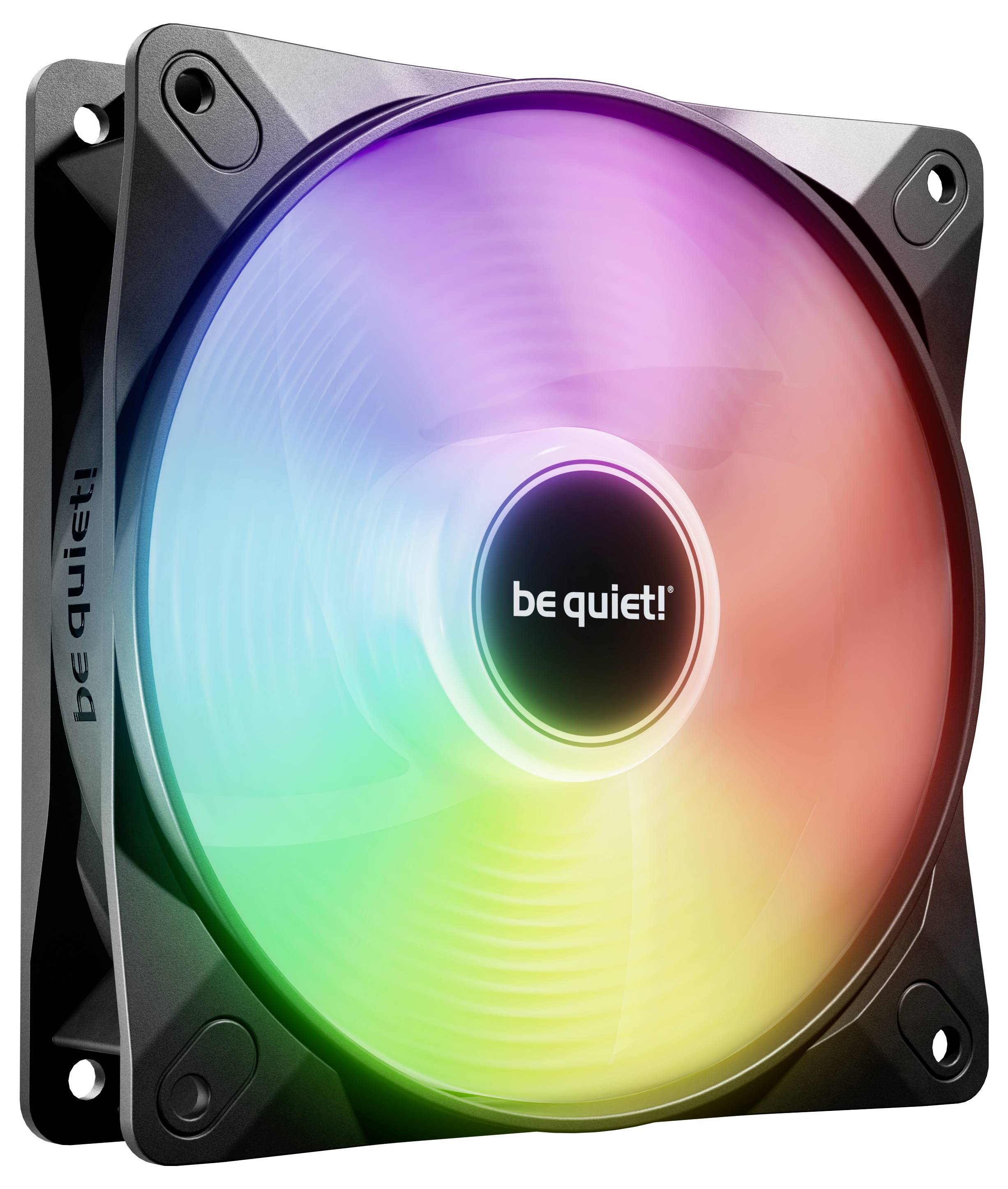 Een computerkoelventilator met een verlichte, kleurrijke RGB-ontwerp dat een spectrum van kleuren weergeeft. De merknaam 'be quiet!' is zichtbaar.