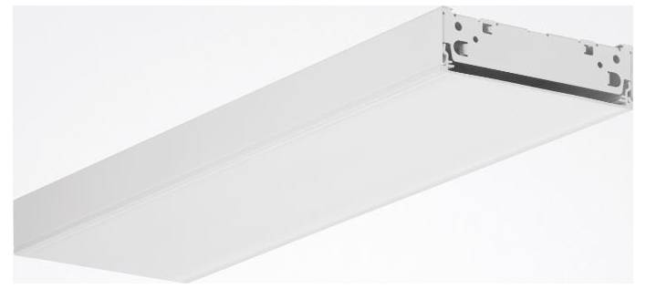 Een eenvoudige witte LED-verlichtingsarmatuur met rechthoekig ontwerp, geschikt voor moderne kantoor- of huisinstellingen.