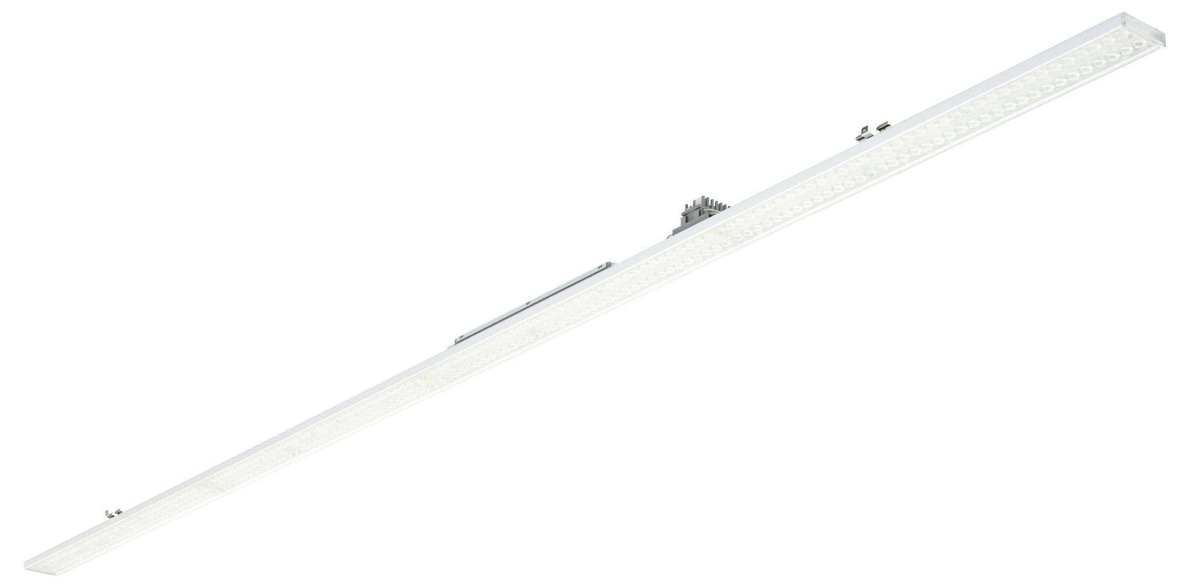 'Lineaire LED-verlichtingselement, slank ontwerp, gebroken wit met zichtbare montagebeugels en schakeling. Geschikt voor moderne interieurs.'