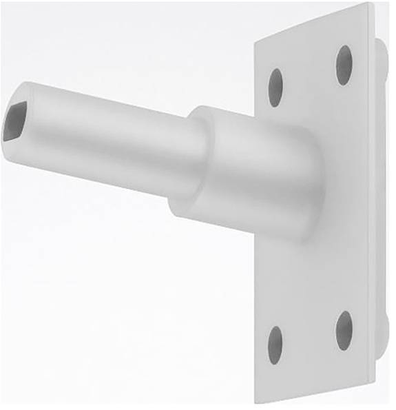 Stalen wandbeugel met een cilindrische arm voor het bevestigen van voorwerpen; beschikt over vier gaten voor bevestiging aan de muur.