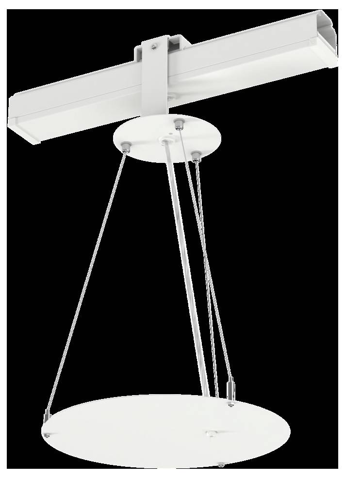 Een witte, moderne aan het plafond gemonteerde lichtarmatuur met een cirkelvormige basis en drie ondersteunende kabels die vanuit een rechthoekige bevestiging omlaag hangen.