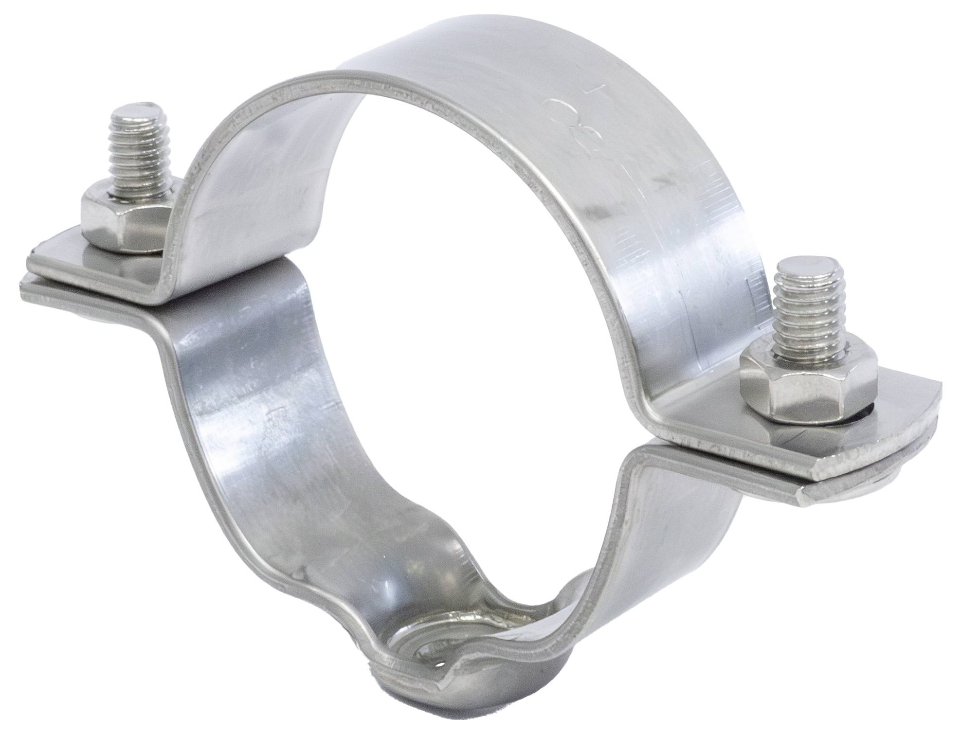 Een zilveren metalen klem met een schroef en moer aan elke zijde, bedoeld om cilindrische objecten, mogelijk buizen, ter plaatse vast te zetten.