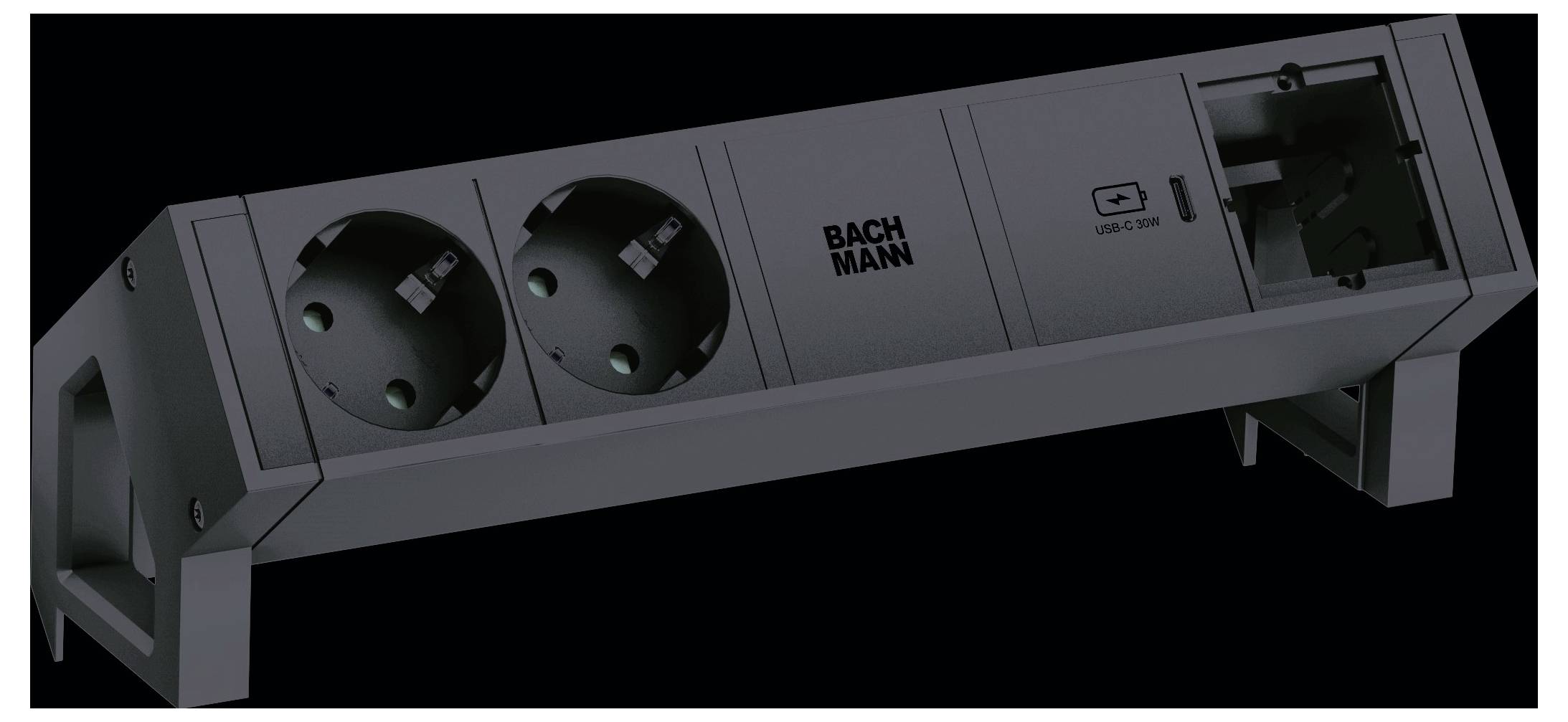 'Bachmann' stekkerdoos met drie stopcontacten en een USB-poort, ontworpen voor tafelblad gebruik. Twee ronde contactdozen en één USB gelabeld '5V 2A'.