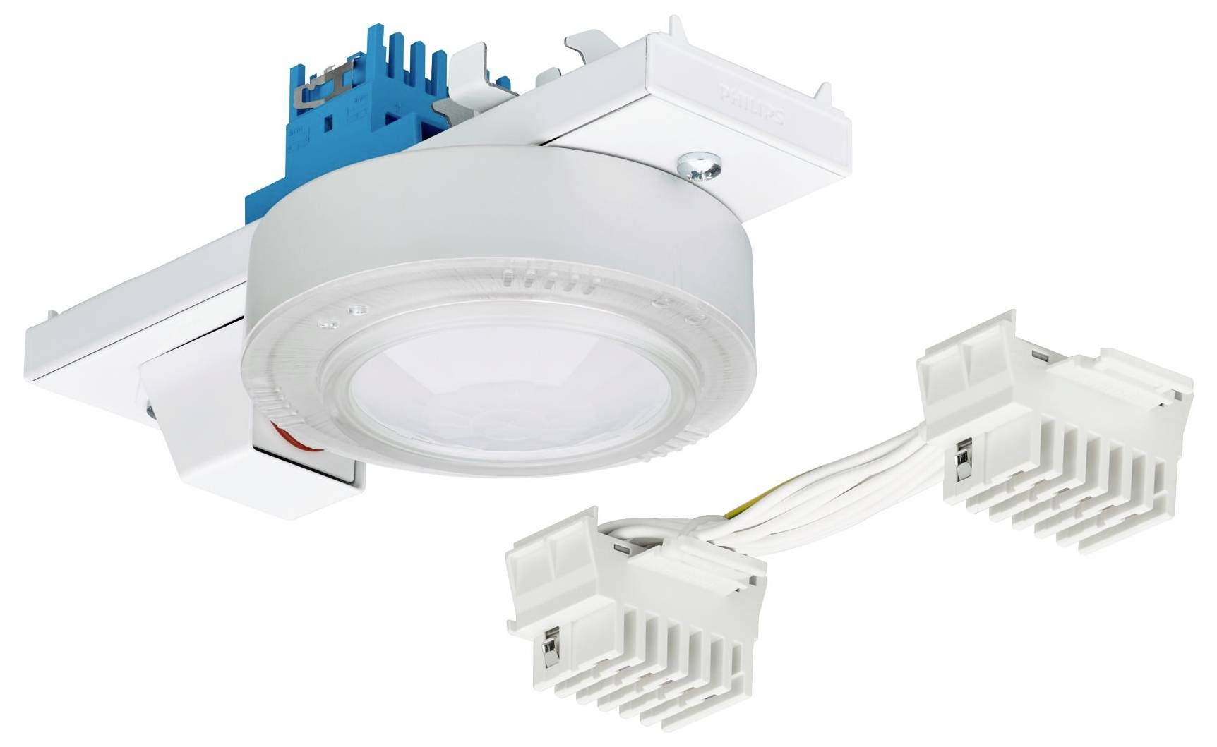 Aan het plafond gemonteerde bewegingssensor met een cirkelvormig ontwerp en dubbele witte aansluitingen, gebruikt voor het detecteren van beweging en het regelen van verlichtingssystemen.