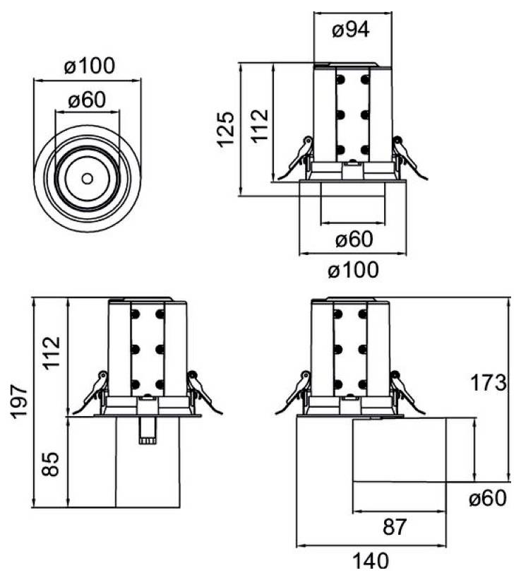 Technische dimensioentekening van een cilindrisch apparaat weergegeven in bovenaanzicht en zijanzicht, met metingen gelabeld in millimeters inclusief ø100, ø94, ø60, 125, 112, 197, 173, 140, 87, en 85.