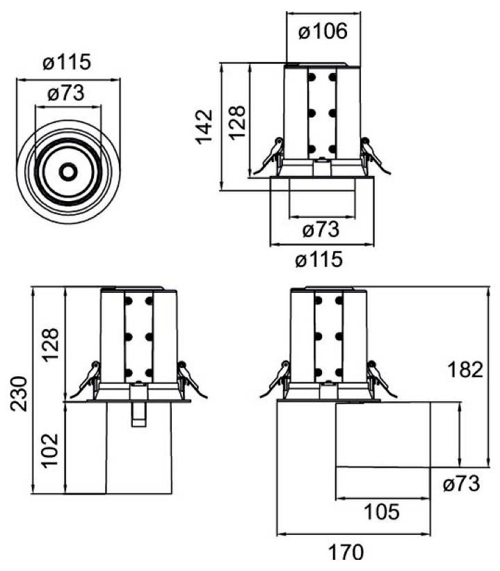 Technische dimensioentekening van een rond mechanisch onderdeel, met bovenaanzicht en zijdeaanzicht met afmetingen inclusief 115 mm buitendiameter, 73 mm binnendiameter, 106 mm bovenwijdte, en hoogten tot 230 mm.