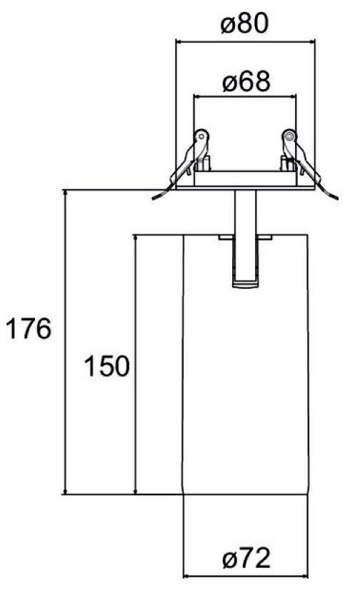 Technische dimensioontekening van een cilindrisch onderdeel met bovenkant fittingen, met doorsnede labels ø80, ø68, ø72 en hoogten 176 en 150.
