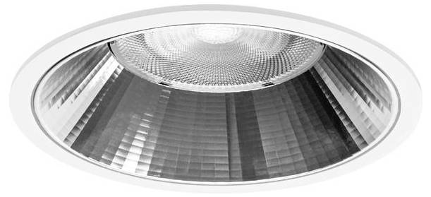 Een close-up weergave van een ingebouwde plafondlamp met een reflecterend, circulair metalen oppervlak dat het gebied eronder verlicht.