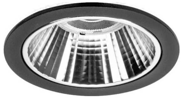Rond ingebouwde plafondlamp met reflecterende binnenhuisvesting en donker buitenafficerinig op een witte achtergrond