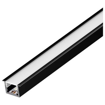 Een zwarte LED-stripverlichting in een aluminium kanaal met een geslepen diffuser, geschikt voor omgevings- of accentverlichting.
