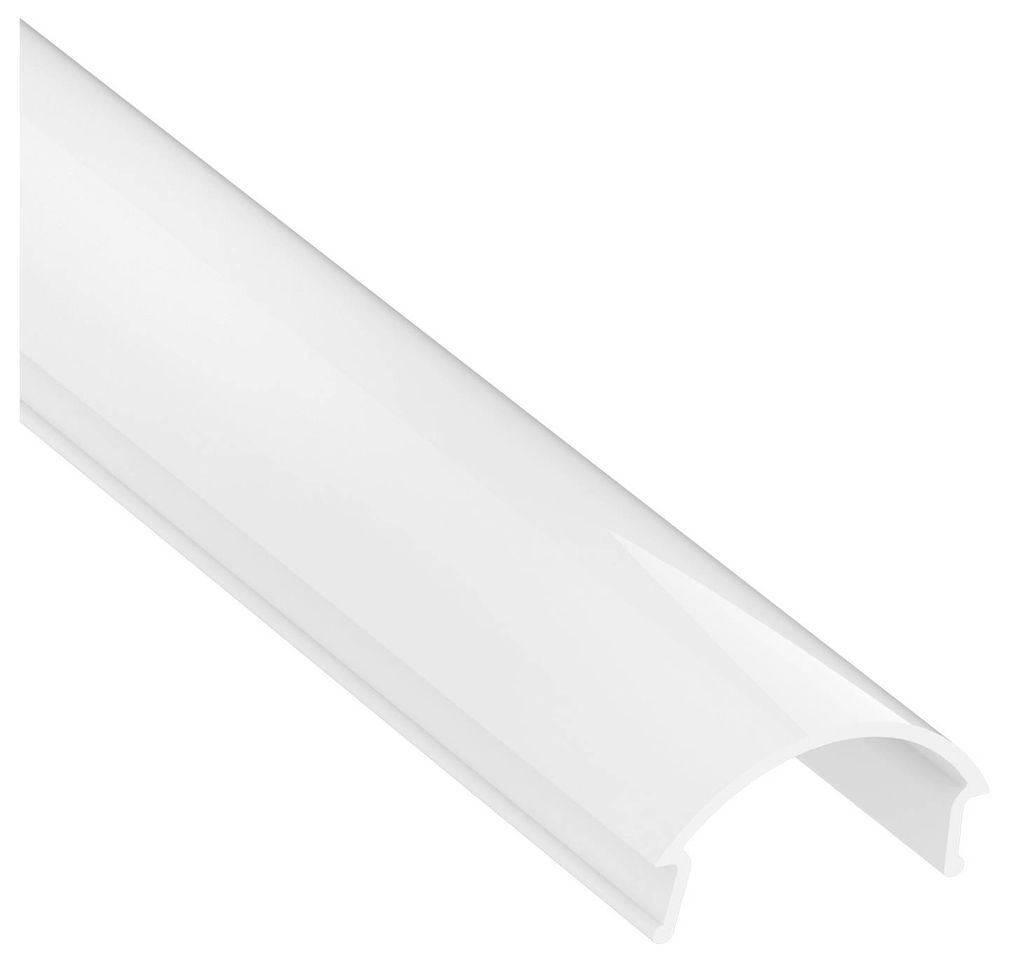 Een witte gebogen kabelgoot gebruikt om draden te verbergen en te beschermen, met een glanzende afwerking en glad oppervlak, geschikt voor huishoudelijk of kantoorgebruik.
