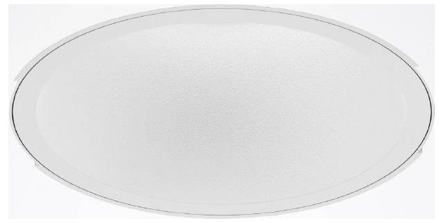 Een cirkelvormige witte plafondlamp met een glad, licht gestructureerd oppervlak, tegen een effen witte achtergrond.