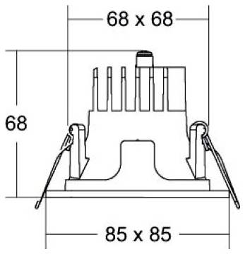 Technische lijntekeninge van een vierkante elektrische stekker of socket, met afmetingen 68 x 68 en 85 x 85 met een hoogtebepaling van 68.