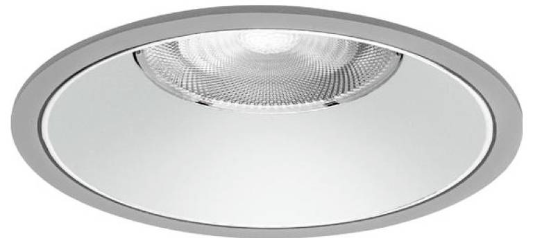 Rond inbouw-LED-plafondlicht met zilveren rand en gemat diffusordeksel.