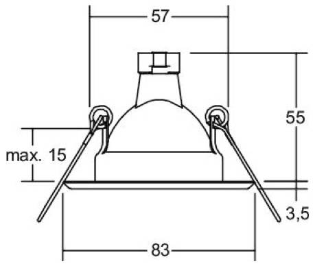 Technische dimensioentekening van een inbouwlamp met veerclips, met breedte 83, hoogte 55, bovenbreedte 57, maximale diepte 15 en clipafstand 3,5.