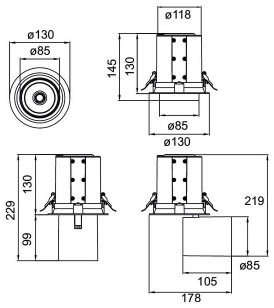 Technische dimensiontekening van een cilindrisch onderdeel weergegeven in vier aanzichten, met belangrijke maten gelabeld ø130, ø118, ø85, 145, 145, 219, 229, 178, 105, en 99.