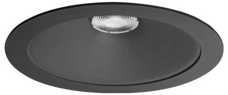 Zwarte inbouwplafondlamp met een ronde rand en zichtbare lamp in het midden.