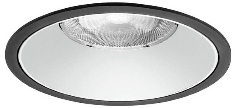 Rond ingebouwd plafondarmatuur met witte diffuser en zwarte buitenafwerking.