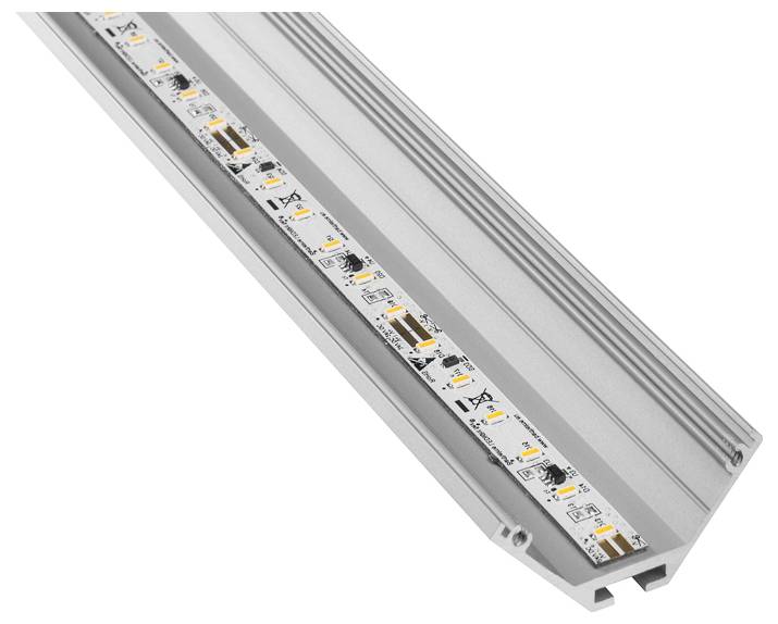 Een close-up van een zilveren LED-stripverlichting in een hoekig aluminium behuizing, waarin afzonderlijke LED-componenten en montagedetails zichtbaar zijn.