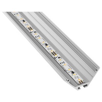 Een close-up van een zilveren LED-stripverlichting in een hoekig aluminium behuizing, waarin afzonderlijke LED-componenten en montagedetails zichtbaar zijn.