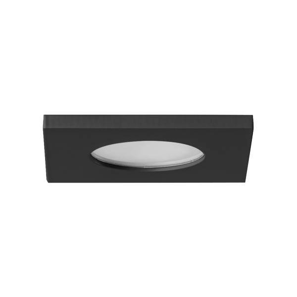 Zwart rechthoekig inbouwlicht met een witte ovale diffuser op een witte achtergrond.