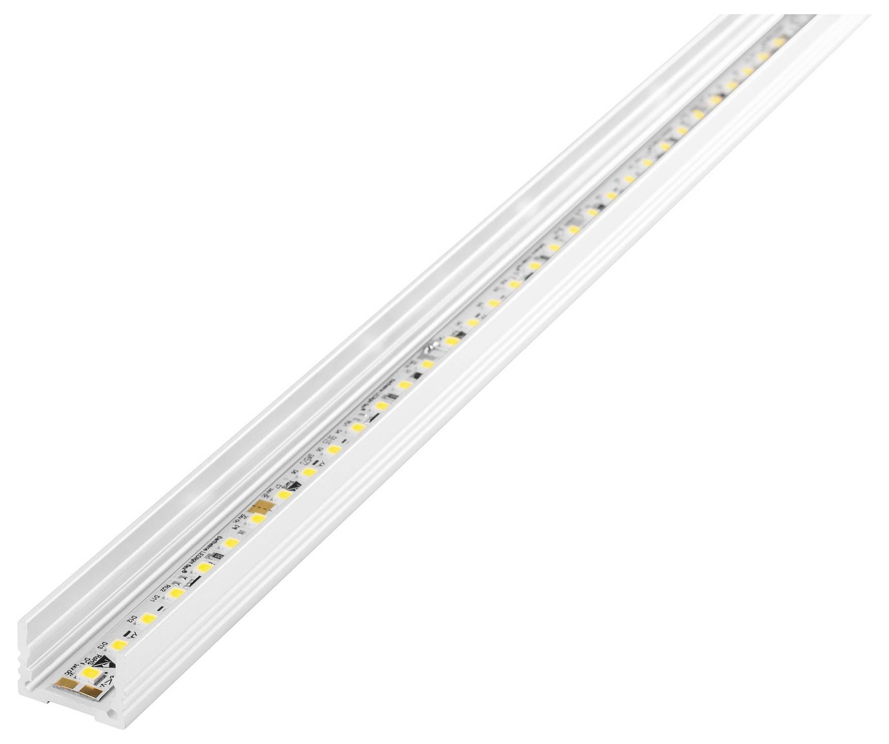 Een LED-stripverlichting in een aluminium kanaal, met afzonderlijke LED-lampen die gelijkmatig langs de lengte zijn verdeeld.