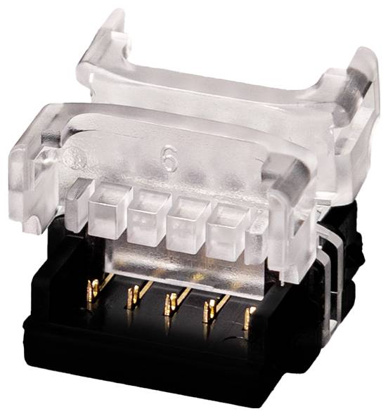 Vergroting van een transparante plastic RJ45-stijl modulaire stekker met acht gouden contacten op een zwarte basis, getoond op een witte achtergrond.