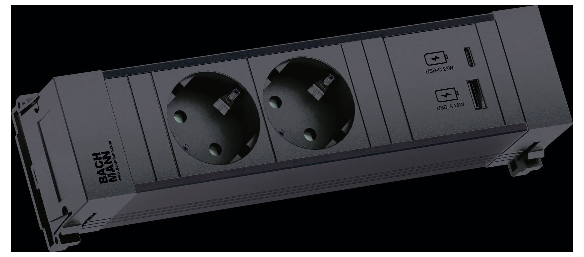 Een oppervlaktemontage elektriciteitsgroep met twee Europese-stijl stopcontacten en twee USB-poorten, ontworpen voor gemakkelijke stroomtoevoer.