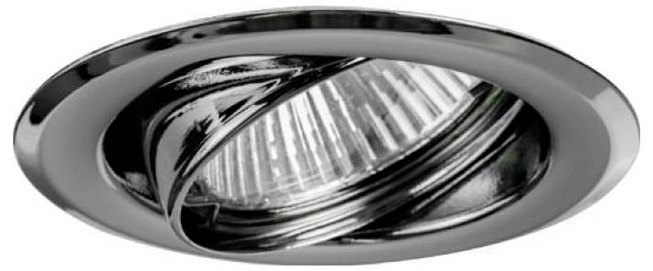 Chrome inbouwbare verstelbare spotlamp met hoekige reflector en geriffelde lampenhouder.