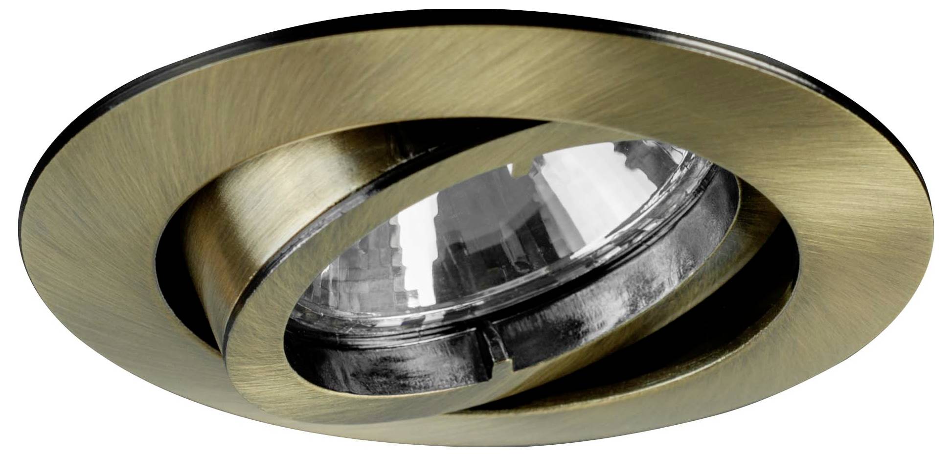 Een bronskleurig inbouwplafondlicht met een rond, verstelbaar ontwerp voor gerichte verlichting.