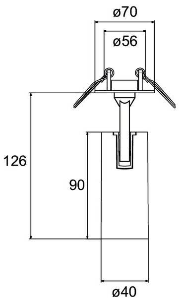 Technische tekening van een lichtarmatuur met afmetingen: 70 mm bovendiameter, 56 mm binnendiameter, 40 mm basisdiameter, 126 mm totale hoogte en 90 mm lichaamshoogte.